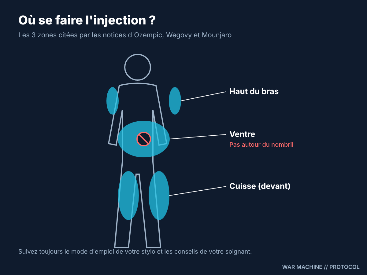 Les zones d'injection citées par les notices : ventre, cuisse et haut du bras.